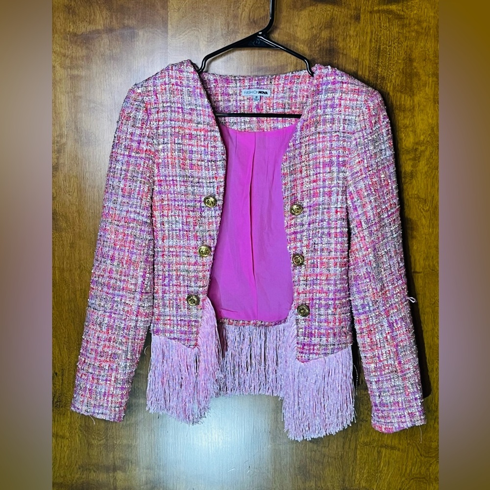 Fashion Nova Pink Tweed Fringe Jacket Small